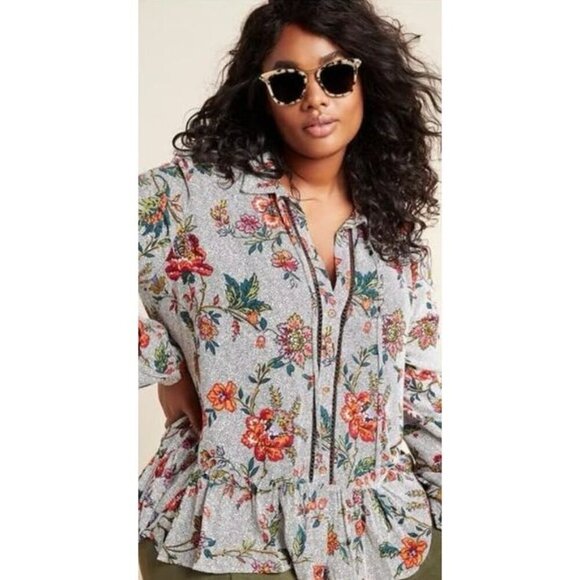 MAEVE ANTHROPOLOGIE Janie Flounced Floral Peasant Boho Cottage Blouse Size 2‎ - Picture 1 of 16